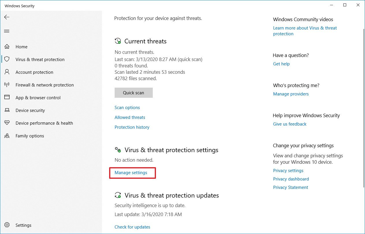 Windows Security Manage Settings Option
