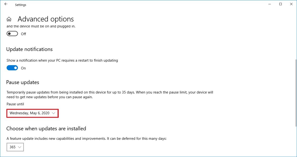 Pause updates to delay Windows 10 version 2004