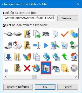 Sélectionnez le dossier d'icônes sur Windows 10