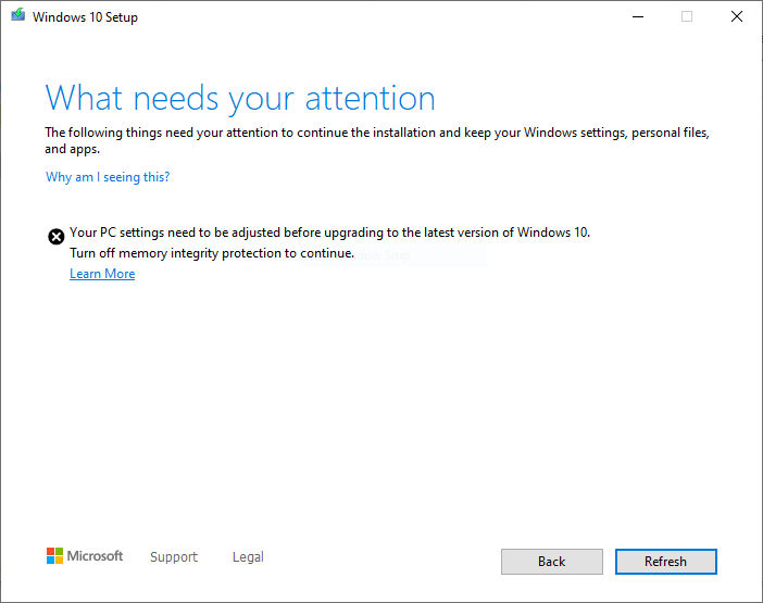 Windows 10 Maj 2020 Uppdatera minnesintegritetsfel