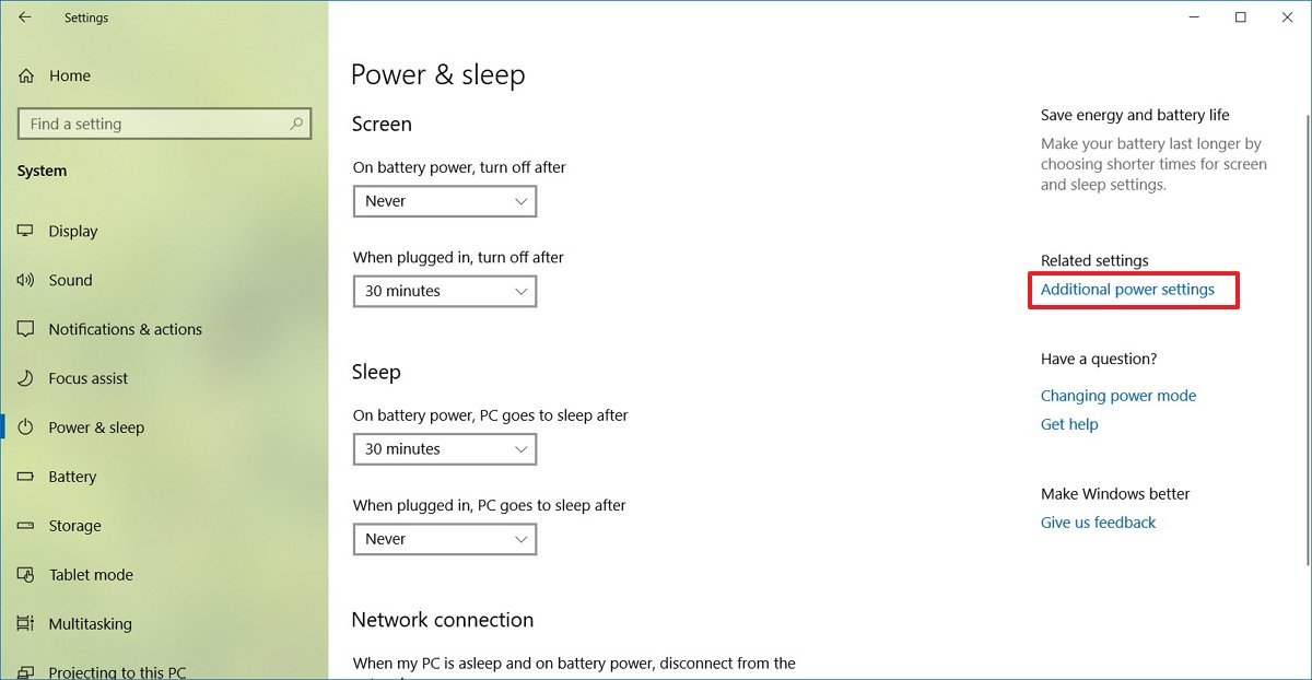 Additional Power Settings on Windows 10