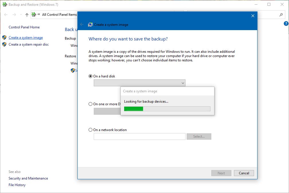 Windows 10 backup feature