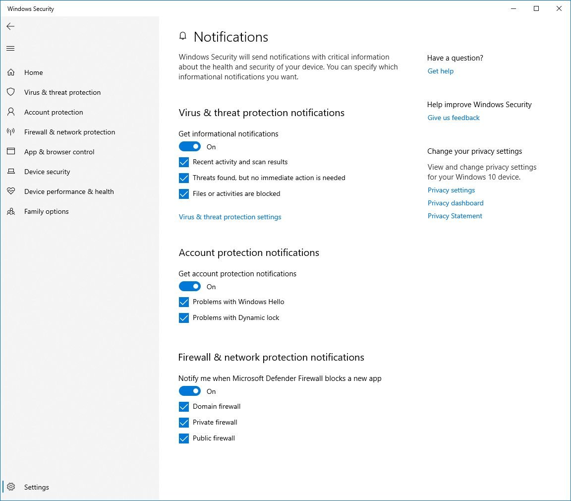 Windows Security notifications settings