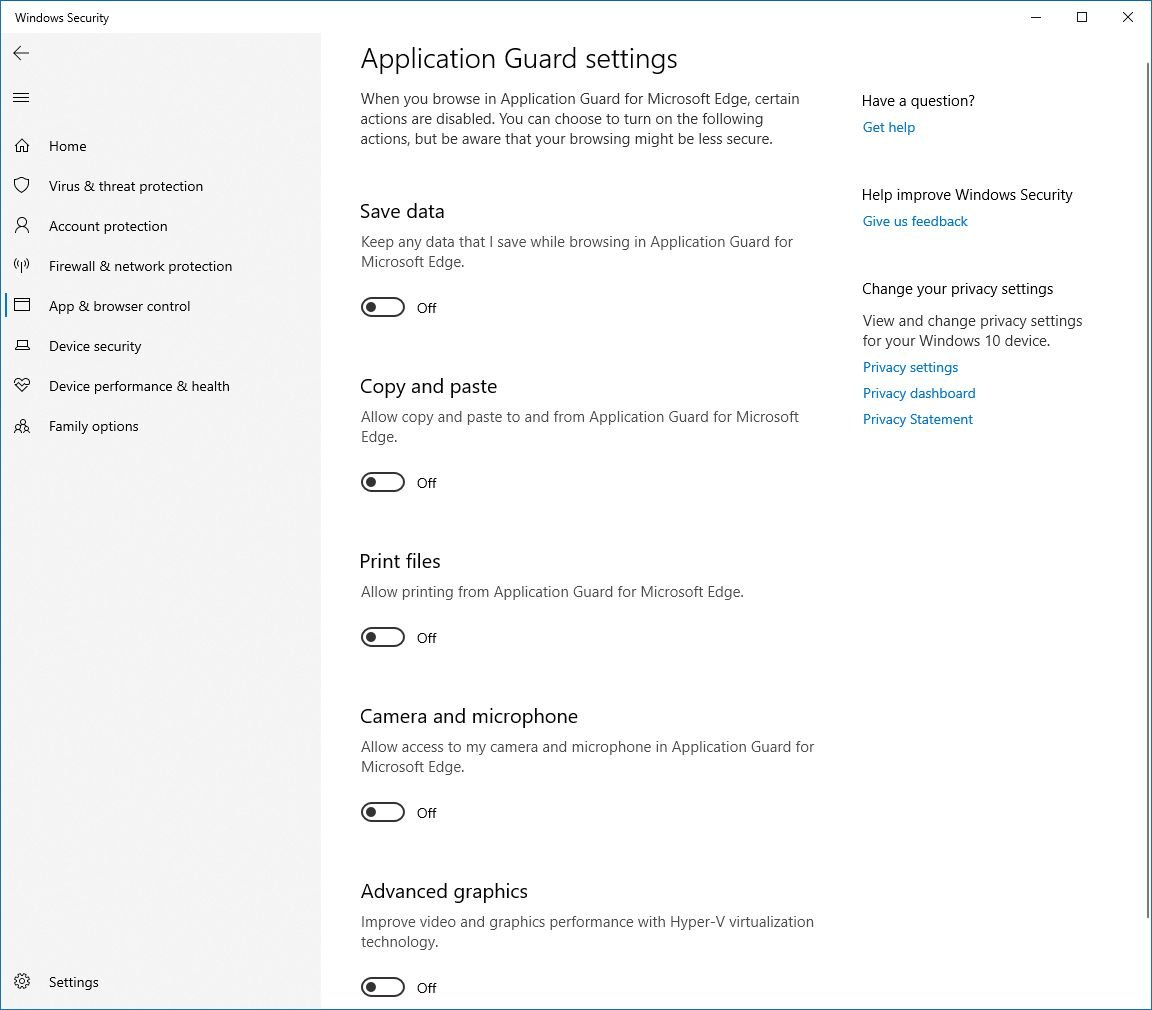 Application Guard Settings on Windows Security