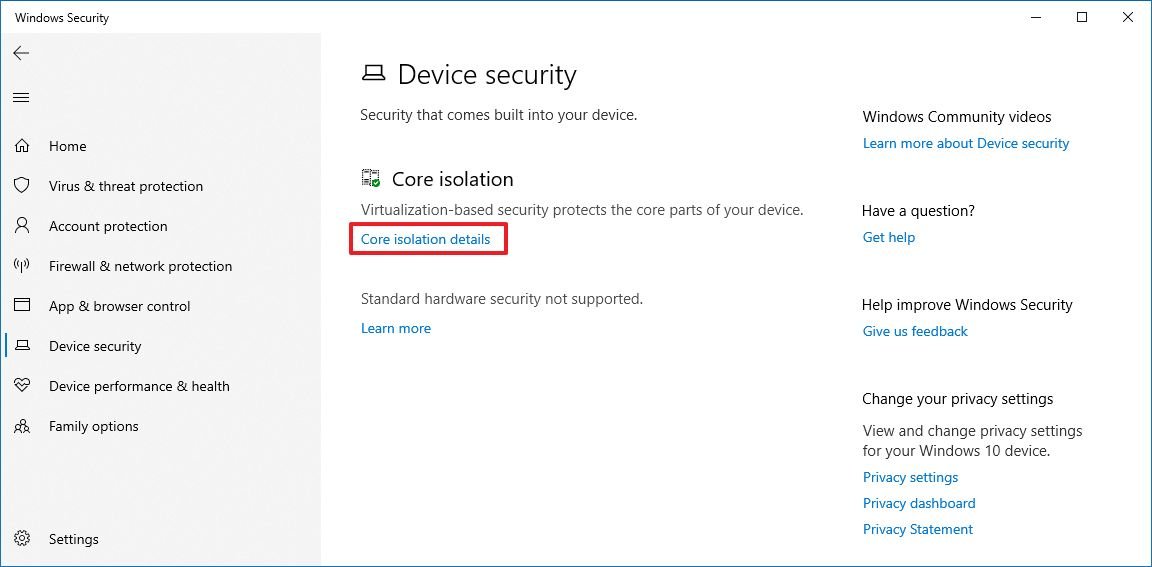 Core Isolation Details on Windows Security
