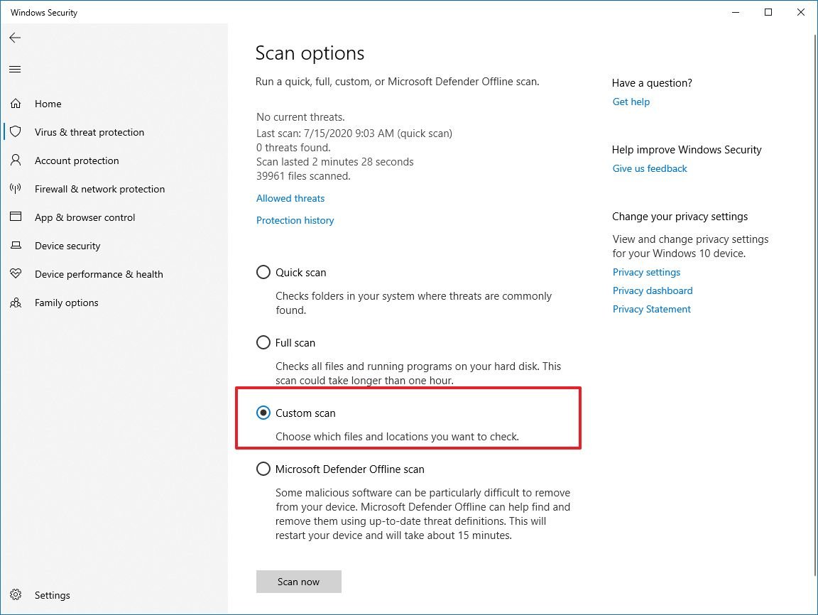 Microsoft Defender Antivirus custom scan option