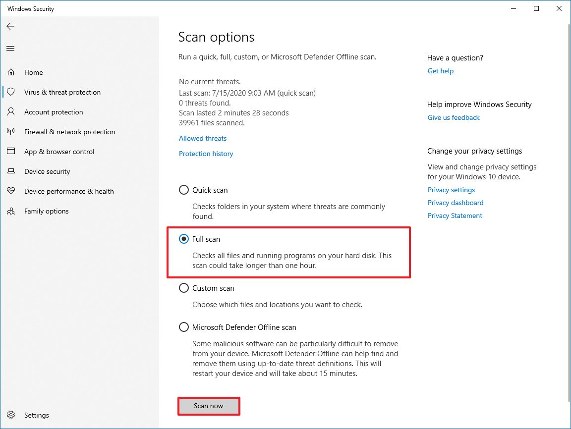 Microsoft Defender Antivirus full scan option