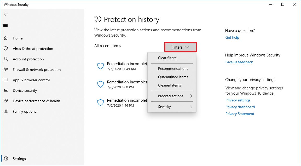 Microsoft Defender protection history