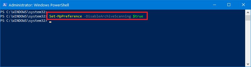 Disable zip and cab virus scanning using PowerShell
