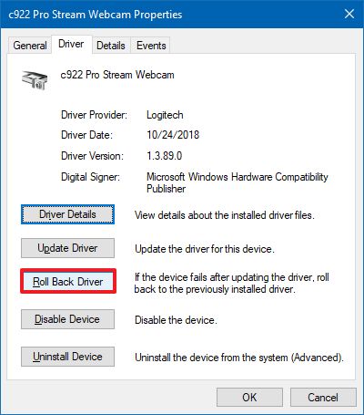 Device Manager camera driver rollback