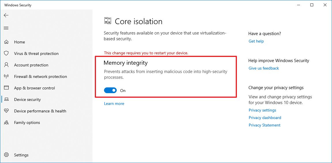 Enable Memory Integrity on Windows 10