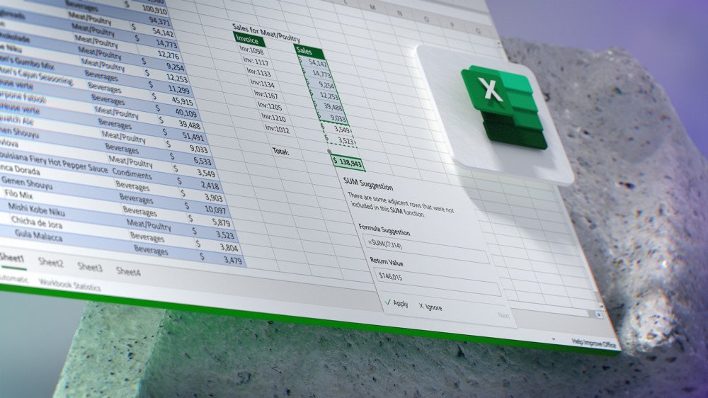 Futuro do conceito do Microsoft 365 mostrando sugestões de fórmulas do Excel.