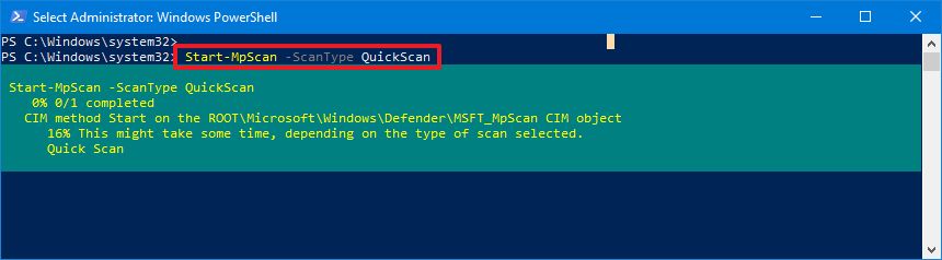 Microsoft Defender quick scan PowerShell command