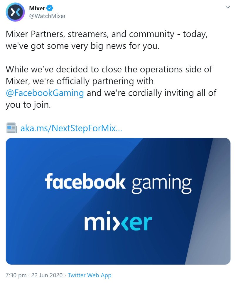 Mixer Shutdown Announcement on Twitter