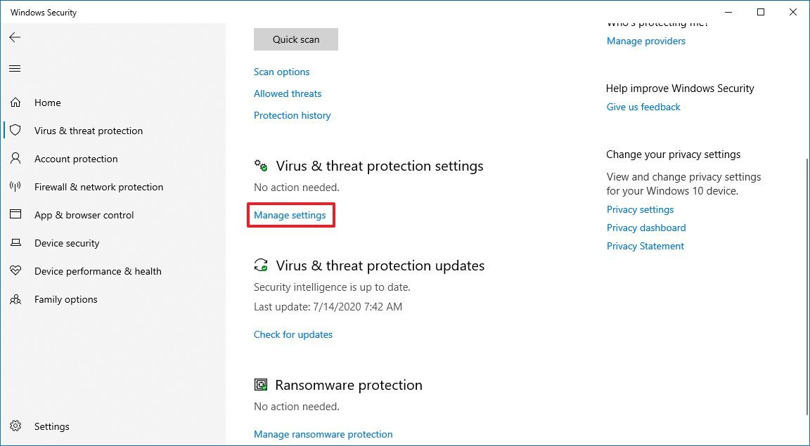 Virus & threat protection settings option