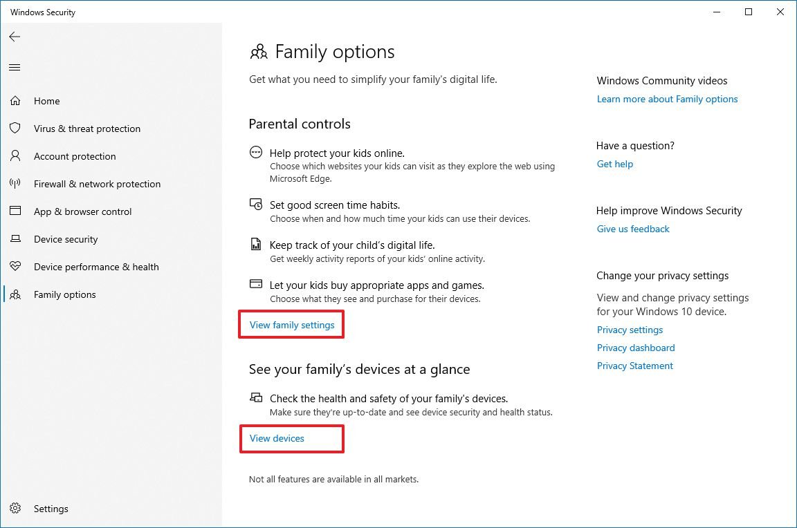 Windows Security Family Options