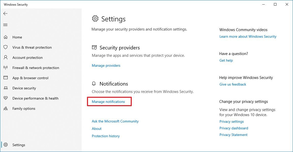Windows Security Manage Notifications