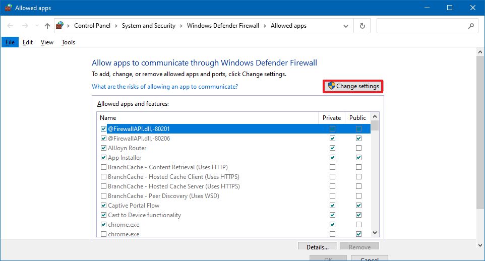 Enable firewall settings in Control Panel