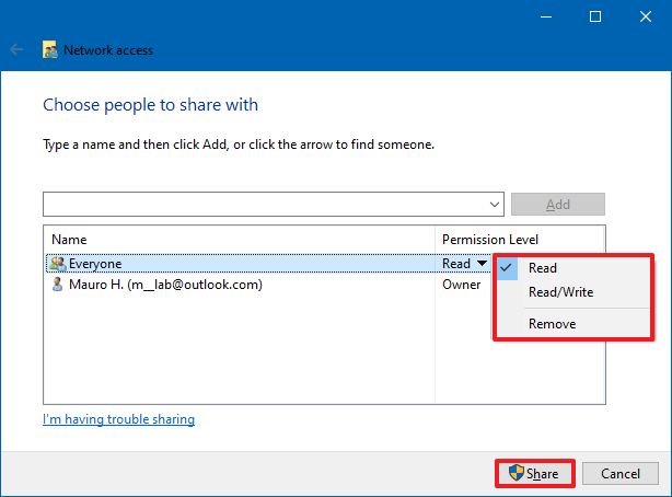 File Share Permissions on Windows 10