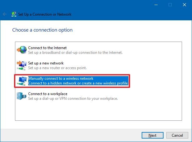 Manually connect to a wireless network option