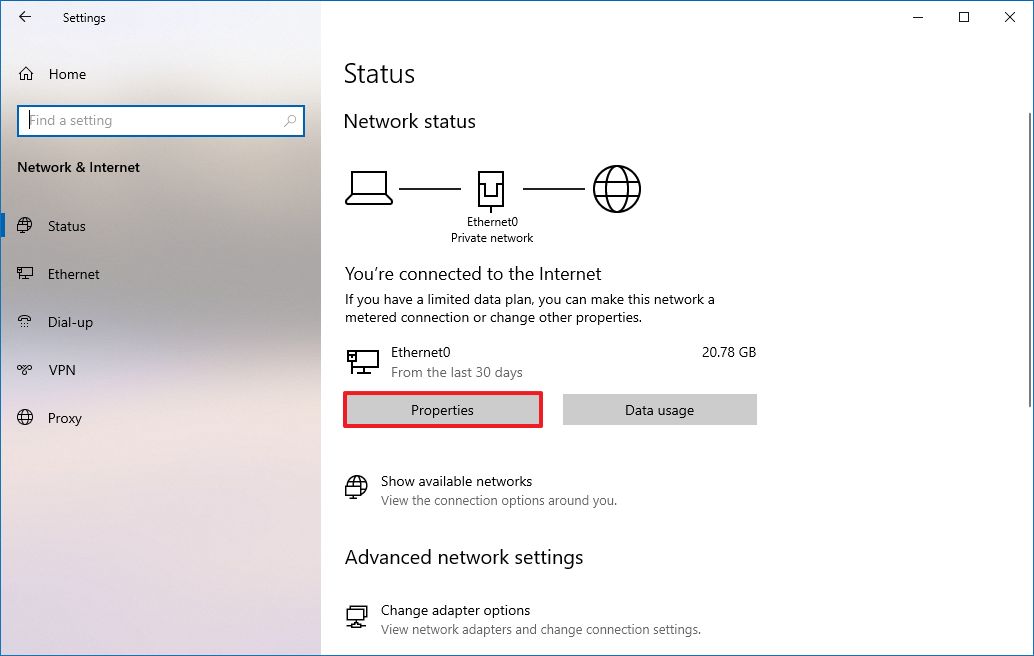 Windows 10 network properties option