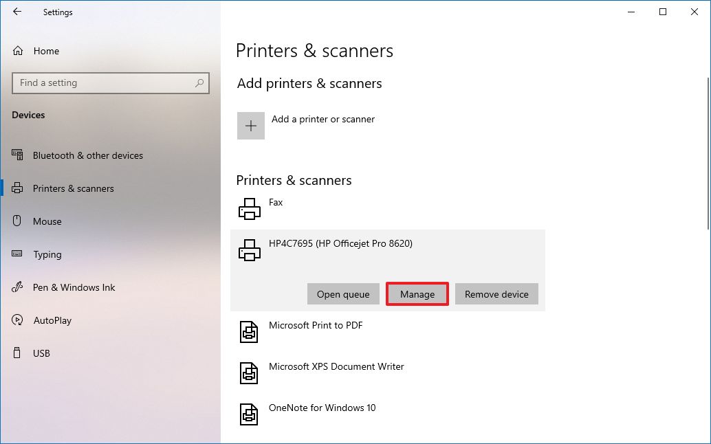 Windows 10 manage printer settings