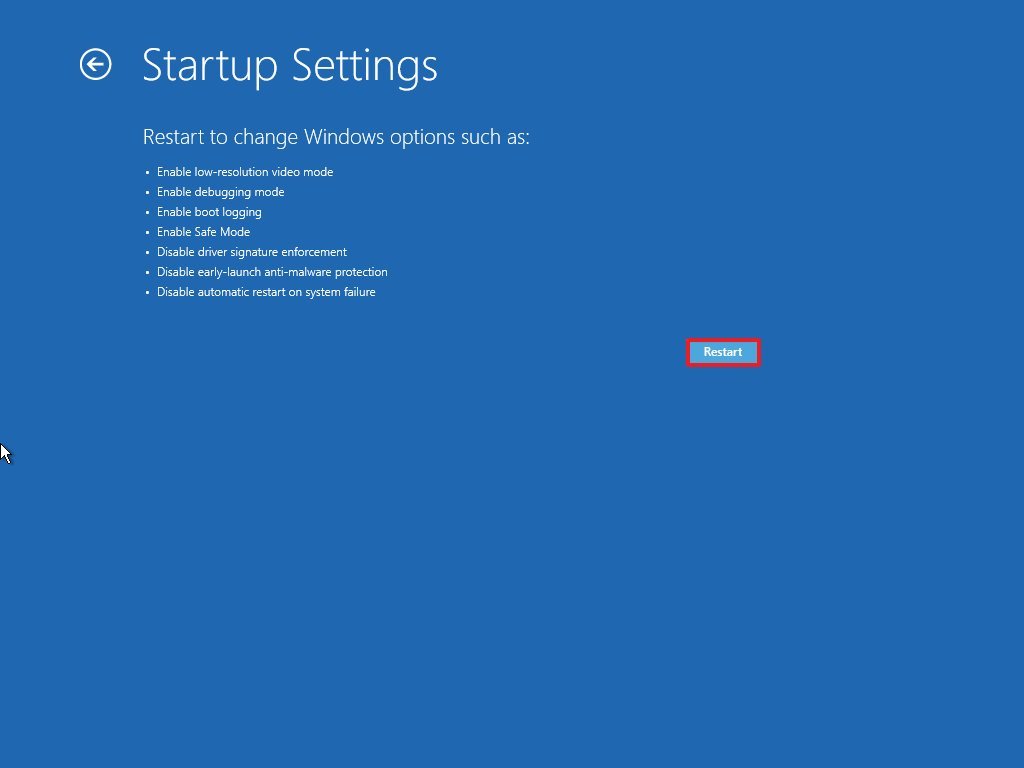 Startup settings restart button