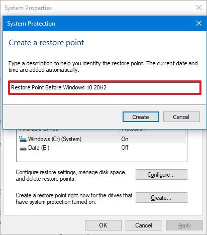 Create restore point before Windows 10 version 20H2 install 