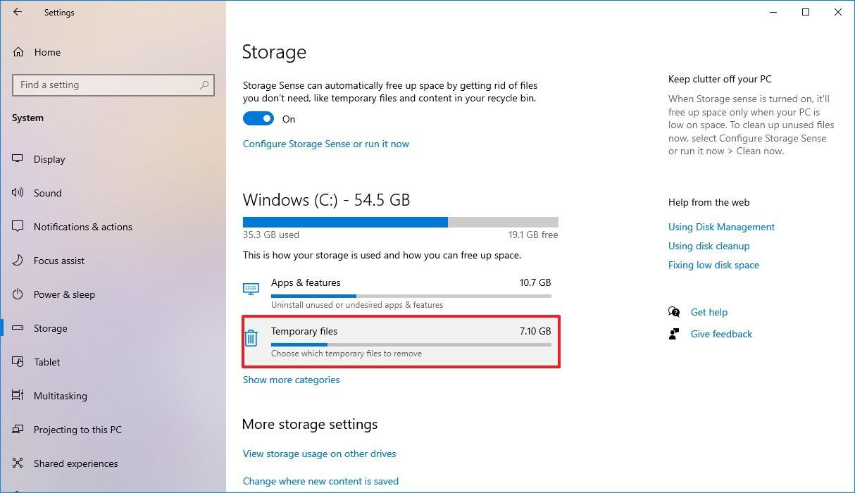 Windows 10 Storage Temporary Files option
