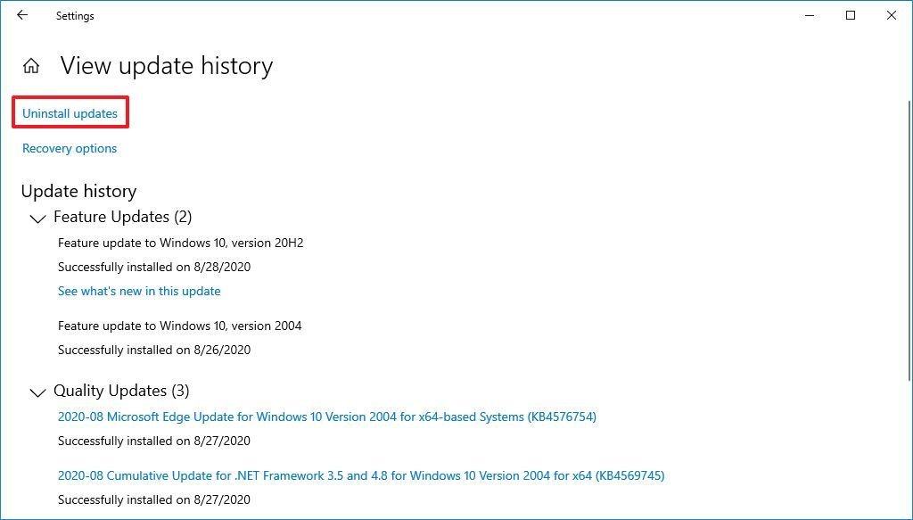 Uninstall Update Option on Windows 10 version 2004
