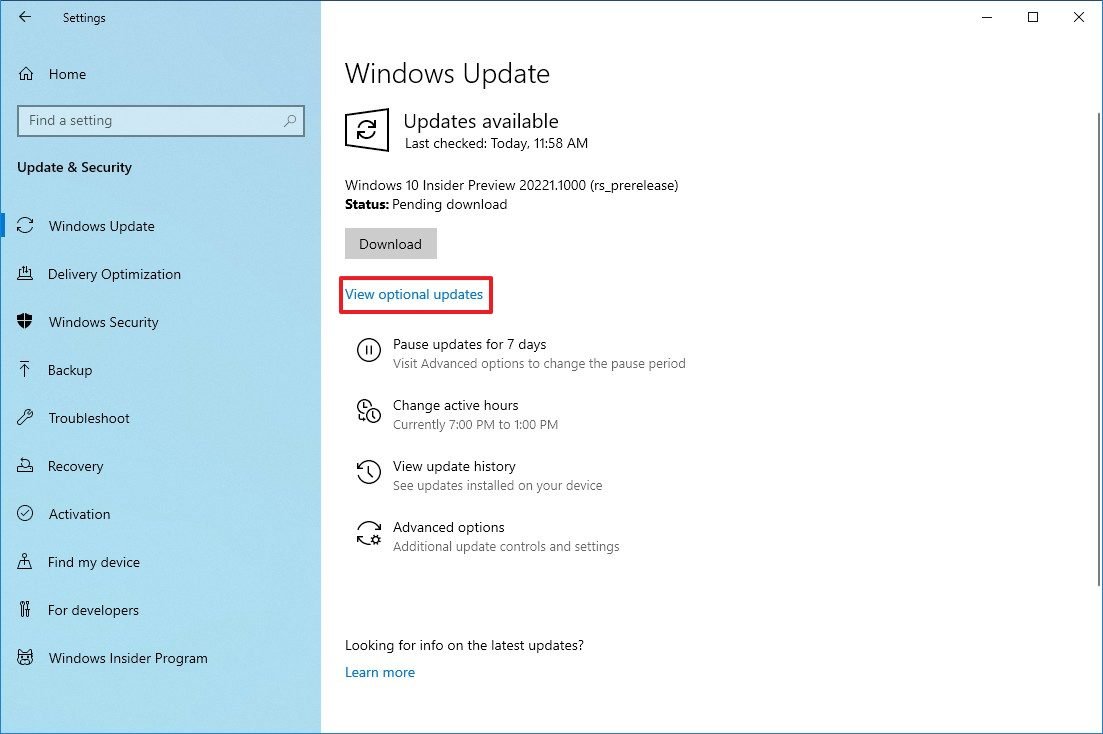Windows Update optional updates setting