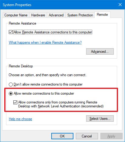 Allow remote connections to this computer option