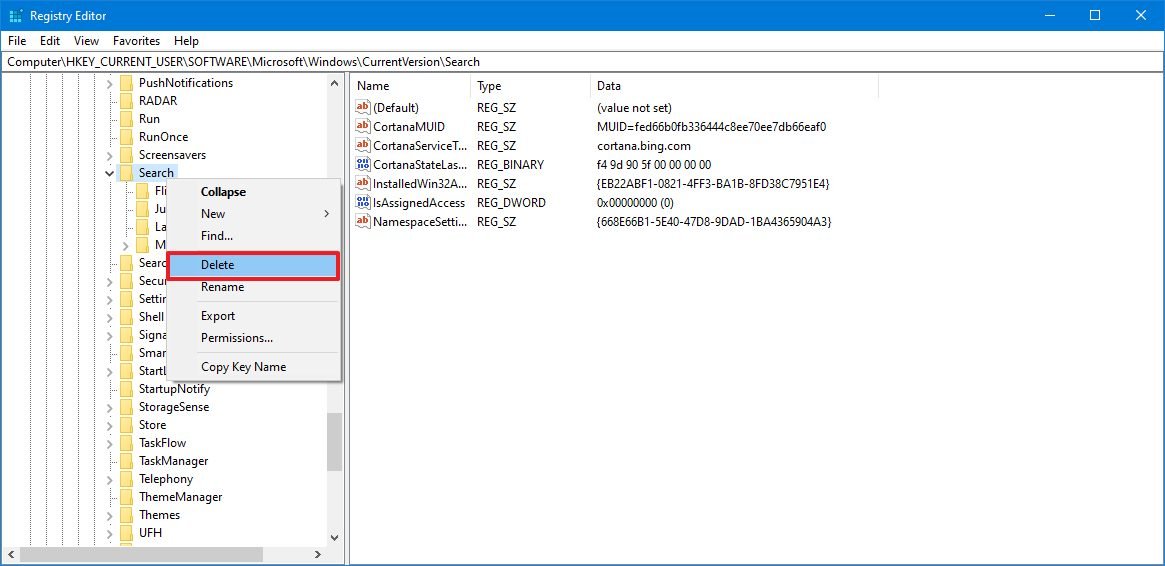 Delete Search Registry Windows 10 20H2