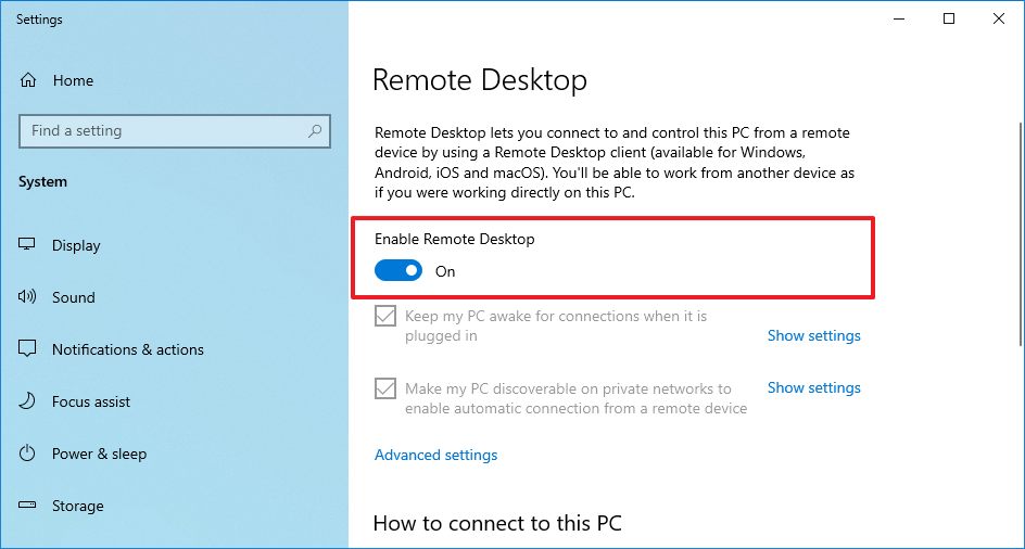 Settings app enable remote desktop