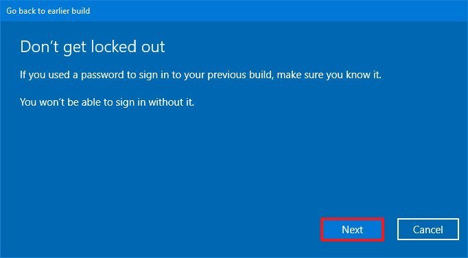 Windows 10 rollback password warning 
