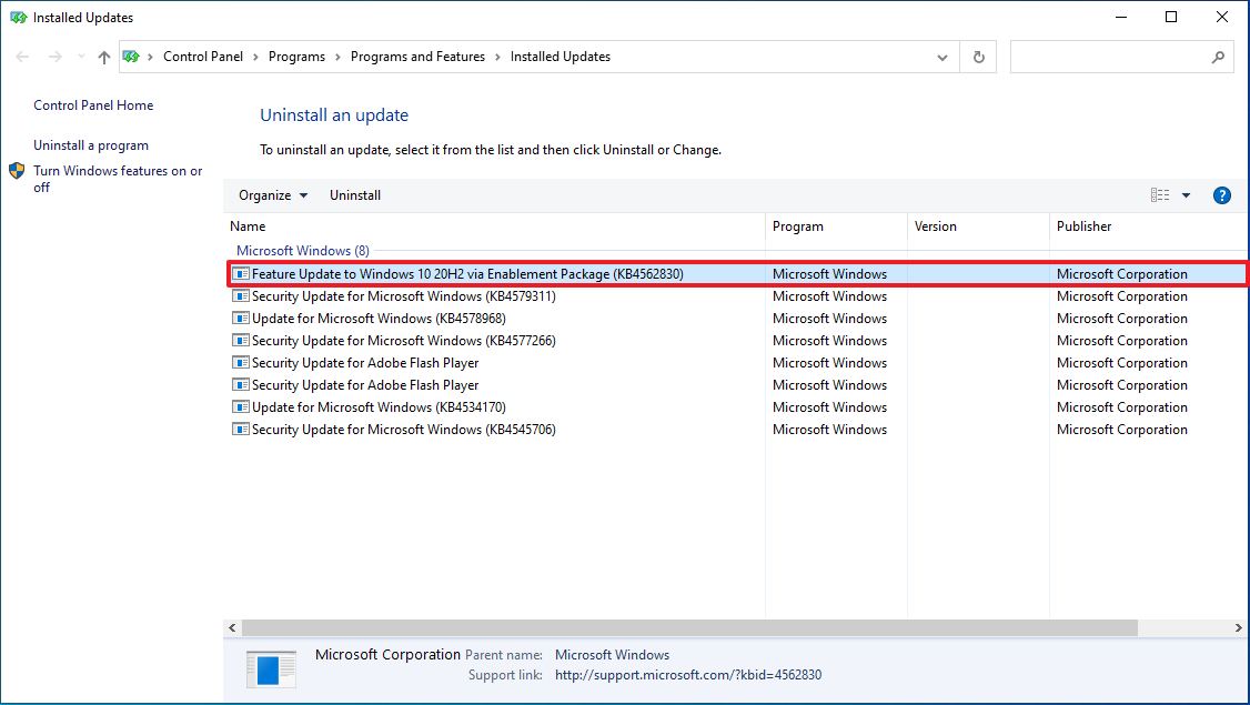 Uninstall Windows 10 version 20H2 Enablement Package