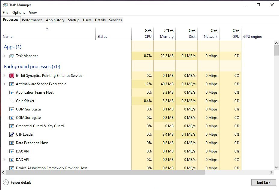 Windows 10 version 20H2 RAM usage