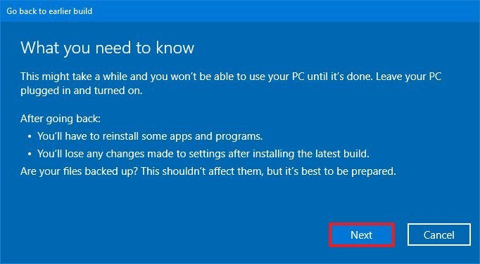 Windows 10 rollback information