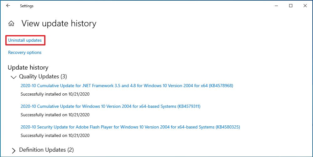 Windows 10 Uninstall Updates Option