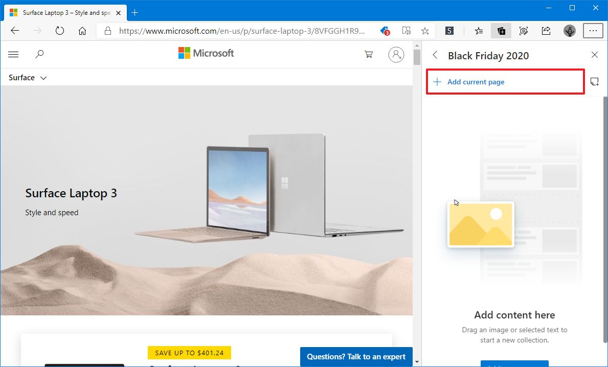 Microsoft Edge add page to Black Friday 2020 collection
