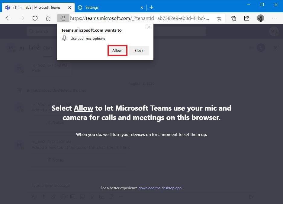 Allow Microsoft Teams web access to microphone