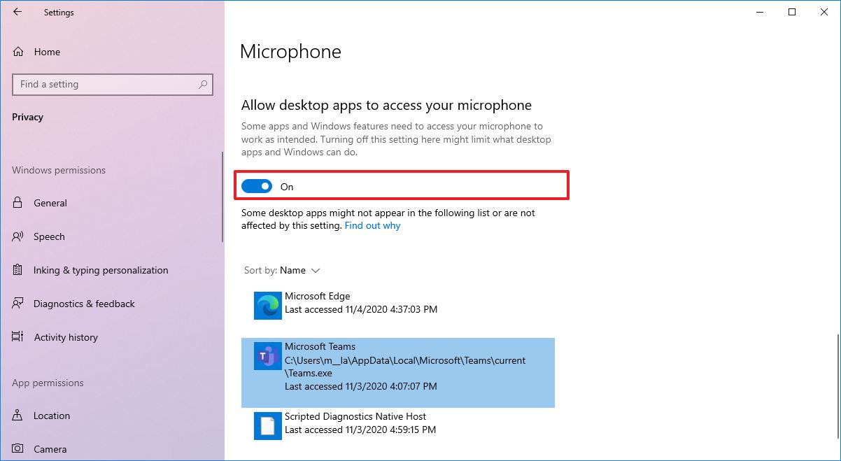 Windows 10 privacy allow Teams microphone access