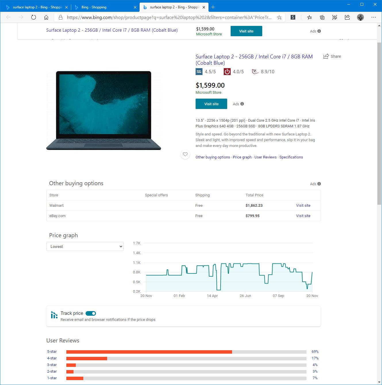 Bing tracking product information
