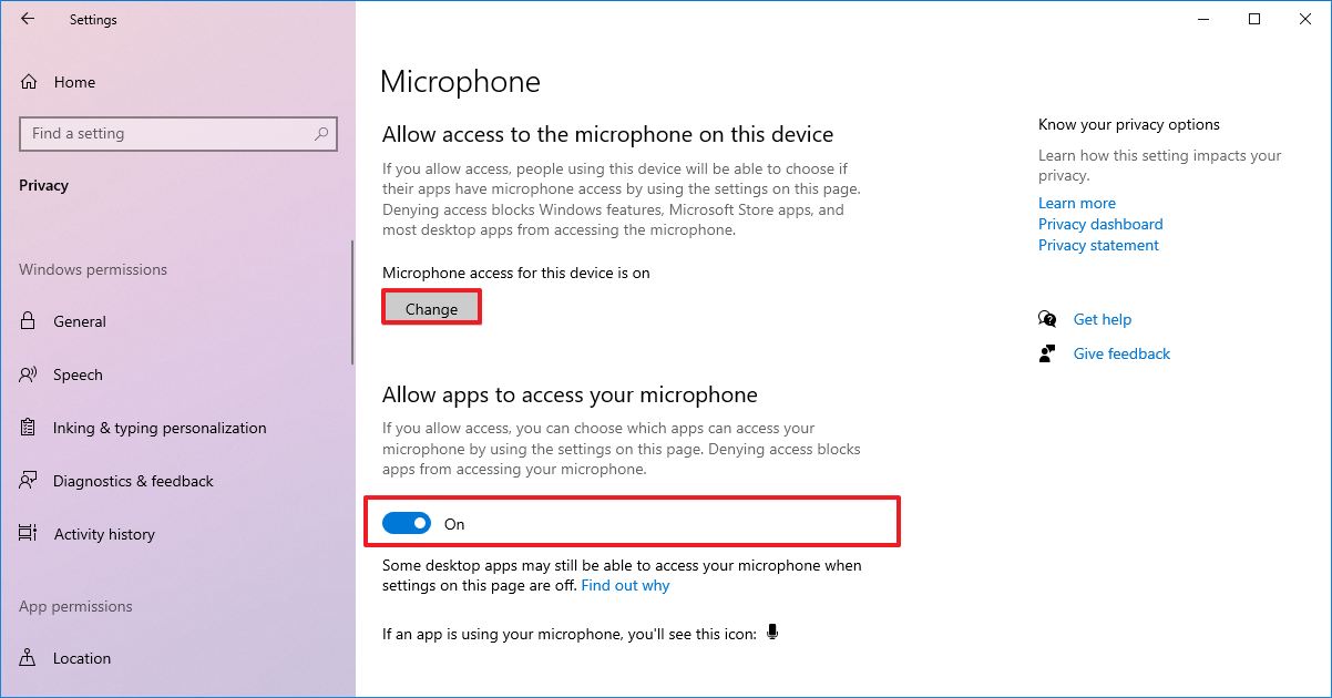 Windows 10 enable microphone access for apps