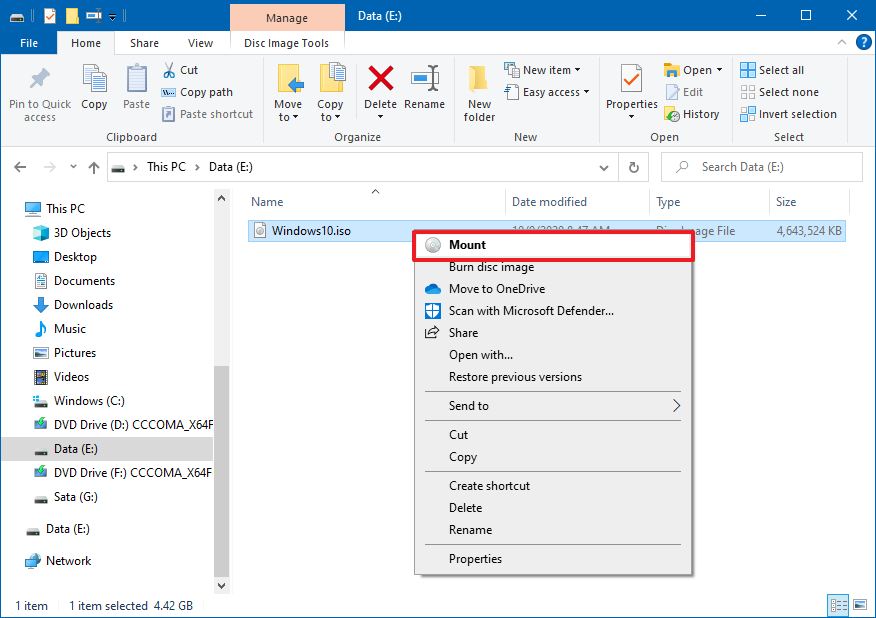 File Explorer context menu mount ISO