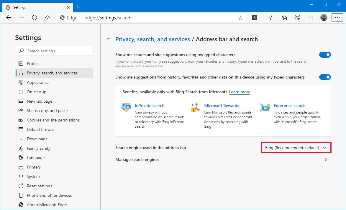 Microsoft Edge make Bing default search engine