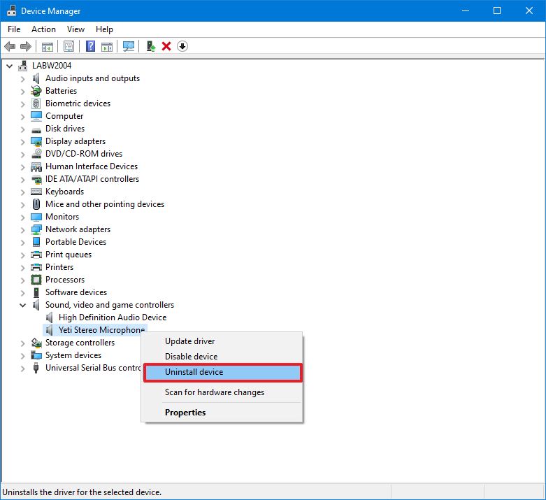 Uninstall microphone driver with Device Manager