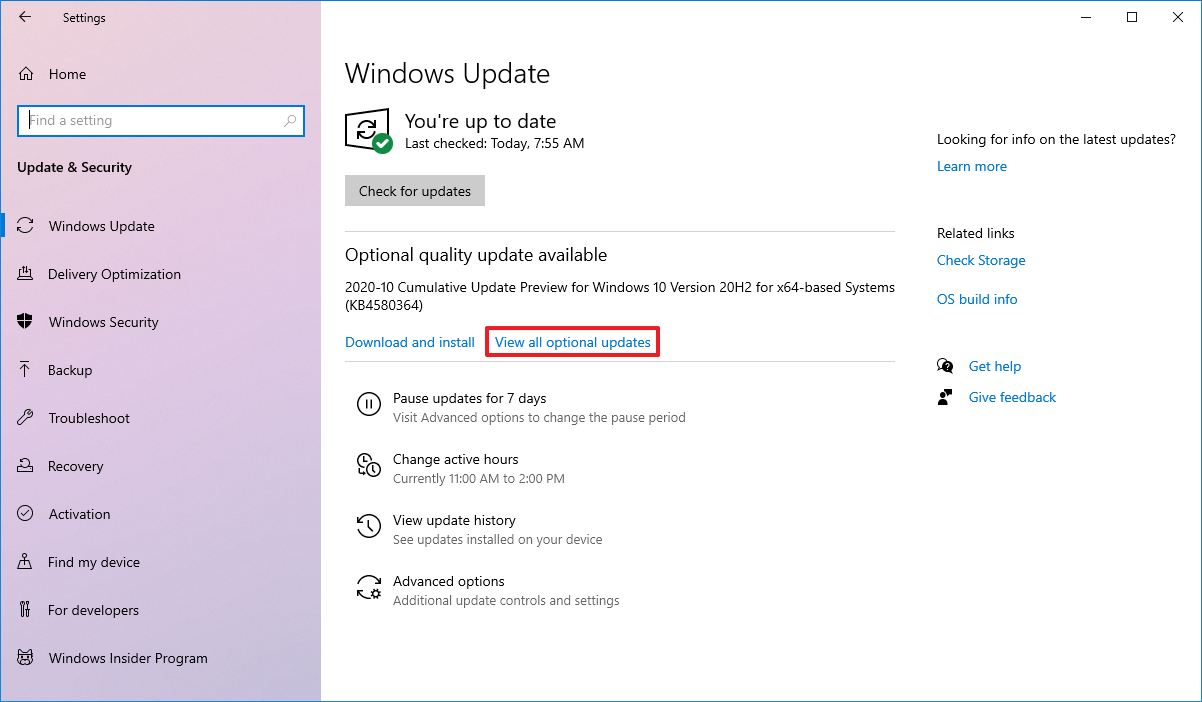 View all optional updates on Windows 10