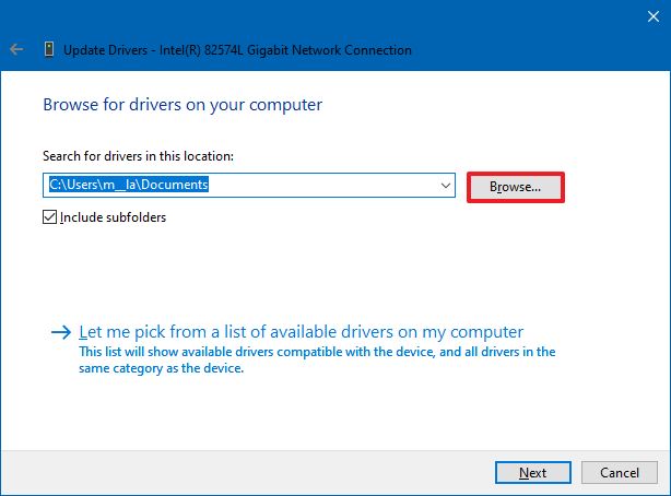 Device Manager select driver location