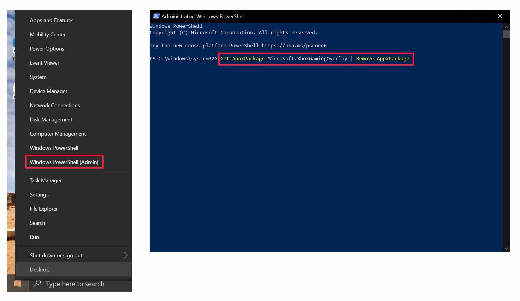 Click Windows PowerShell (Admin). Type the command and hit Enter.